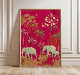 Indian Elephant Floral Print, Bohemian Wall Art, Pink & Gold Oriental Poster, Exotic Nature Decor, Cultural Home Design - thumbnail 1
