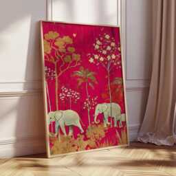 Indian Elephant Floral Print, Bohemian Wall Art, Pink & Gold Oriental Poster, Exotic Nature Decor, Cultural Home Design - thumbnail 2