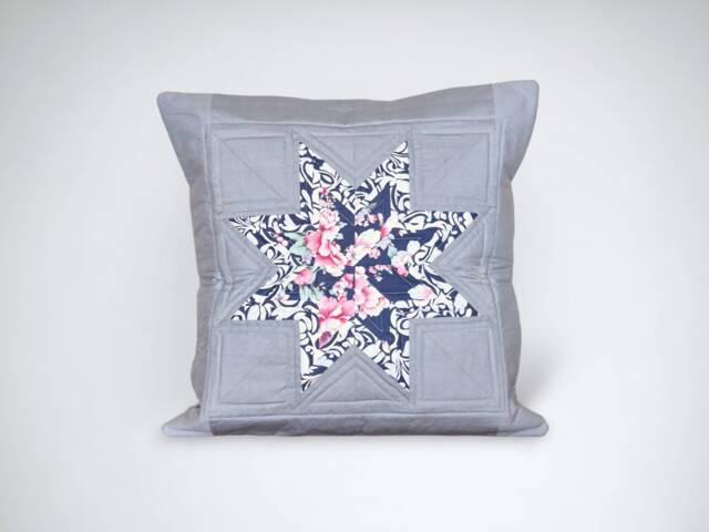 Grey Quilted Cushion Cover With Floral Star - Modern Patchwork Pillow Cover, Handmade in The UK - image 1