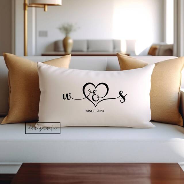 Personalised Cushion Pillow Wedding Engagement Anniversary Valentine Love Gift ~ Oblong Shape Initials Heart Since For Couple - image 1