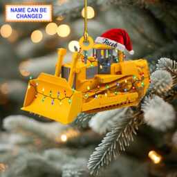 Custom Name Bulldozer With Santa Hat & Christmas Lights Ornament, Tree Hanging Decor, Flat 2D Ornament