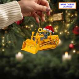 Custom Name Bulldozer With Santa Hat & Christmas Lights Ornament, Tree Hanging Decor, Flat 2D Ornament - thumbnail 2