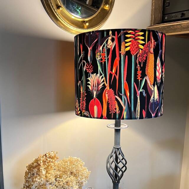 Black Botanical Velvet Circular Drum Lampshade /Ceiling Shade, With A White Lining - image 1