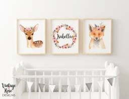 Set Of 3 Nursery Prints, Woodland Animals, Girls Room Wall Art, Decor, Watercolour Flowers & Feather, Personalised Name Print - thumbnail 1
