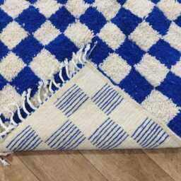 Checkered Rug Handmade Wool Moroccan Berber Carpet Blue Yellow Green - thumbnail 3