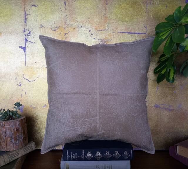 Beige Faux Leather Pillow Square Design With Decorative Stitches - 16x16 Inch - image 1