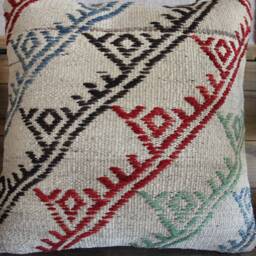 40cm Vintage Kilim Cushion Cover Handwoven - Undyed Wool Background With Tribal Motifs Brocaded - thumbnail 2