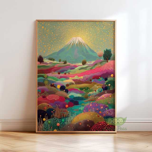 Abstract Mount Fuji Landscape Wall Art, Colorful Japanese Nature Poster, Vibrant Dot Painting, Modern Asian Decor, Mt Print - image 1