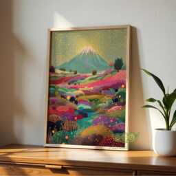Abstract Mount Fuji Landscape Wall Art, Colorful Japanese Nature Poster, Vibrant Dot Painting, Modern Asian Decor, Mt Print - thumbnail 3