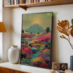 Abstract Mount Fuji Landscape Wall Art, Colorful Japanese Nature Poster, Vibrant Dot Painting, Modern Asian Decor, Mt Print - thumbnail 2