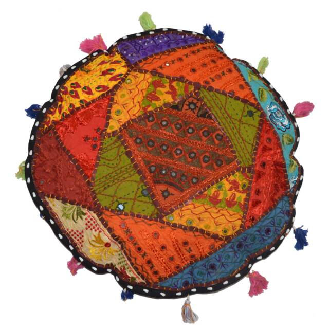 Handmade Floor Cushion Cover Embroidered & Patchwork Mirror Work Home Decor Pillow Round Gaddi Boho Style Decorative - image 1