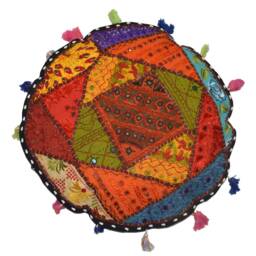 Handmade Floor Cushion Cover Embroidered & Patchwork Mirror Work Home Decor Pillow Round Gaddi Boho Style Decorative - thumbnail 2