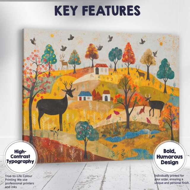 Whimsical Autumn Woodland Deer Folk Art Landscape Canvas Wall Print Decor Picture Ready To Hang - image 1