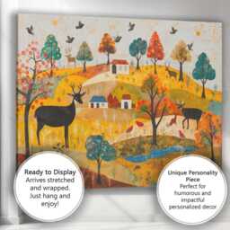 Whimsical Autumn Woodland Deer Folk Art Landscape Canvas Wall Print Decor Picture Ready To Hang - thumbnail 3