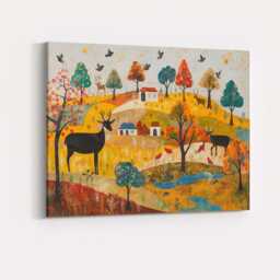 Whimsical Autumn Woodland Deer Folk Art Landscape Canvas Wall Print Decor Picture Ready To Hang - thumbnail 4
