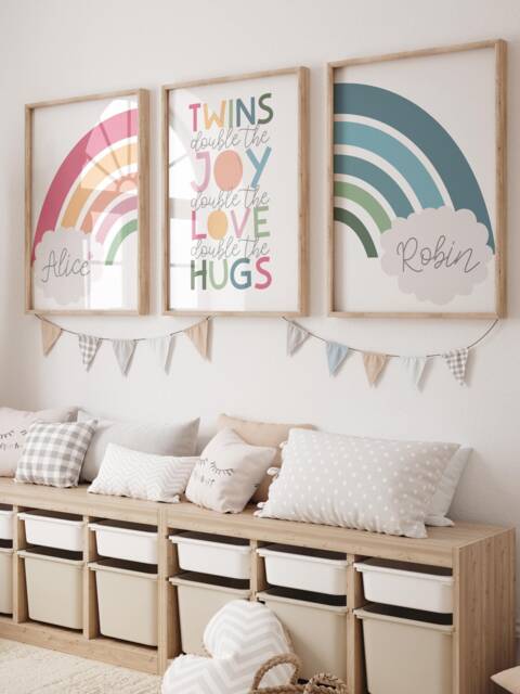 Twins Nursery Prints, Rainbow Print, Bedroom Decor, Twin Wall Art Sibling Personalised, Set Of 3 - image 1