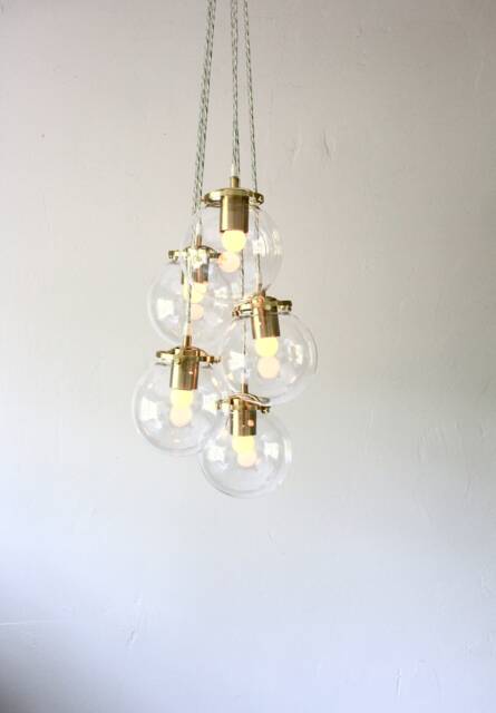 Globe Chandelier Lighting Fixture - Five Clear Glass Bubble Clustered Pendant Lights Brass Finish Mid Century Modern Lamps & Home Decor - image 1