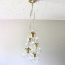 Globe Chandelier Lighting Fixture - Five Clear Glass Bubble Clustered Pendant Lights Brass Finish Mid Century Modern Lamps & Home Decor - thumbnail 3