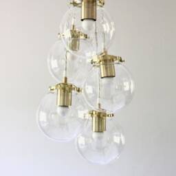Globe Chandelier Lighting Fixture - Five Clear Glass Bubble Clustered Pendant Lights Brass Finish Mid Century Modern Lamps & Home Decor - thumbnail 2