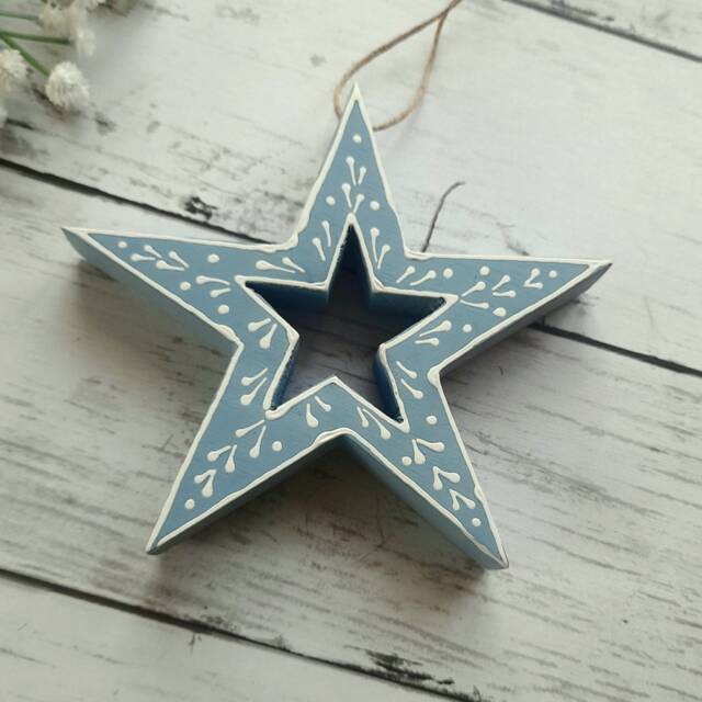 Mango Wood Blue Patterned Hanging Star Decoration - The Home & Hearts Shop Rustic Wall Decor Shabby Wedding Gift Christmas - image 1