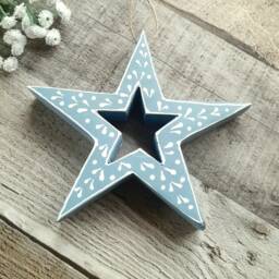 Mango Wood Blue Patterned Hanging Star Decoration - The Home & Hearts Shop Rustic Wall Decor Shabby Wedding Gift Christmas - thumbnail 2