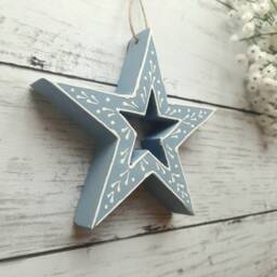 Mango Wood Blue Patterned Hanging Star Decoration - The Home & Hearts Shop Rustic Wall Decor Shabby Wedding Gift Christmas - thumbnail 3