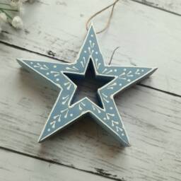 Mango Wood Blue Patterned Hanging Star Decoration - The Home & Hearts Shop Rustic Wall Decor Shabby Wedding Gift Christmas - thumbnail 1