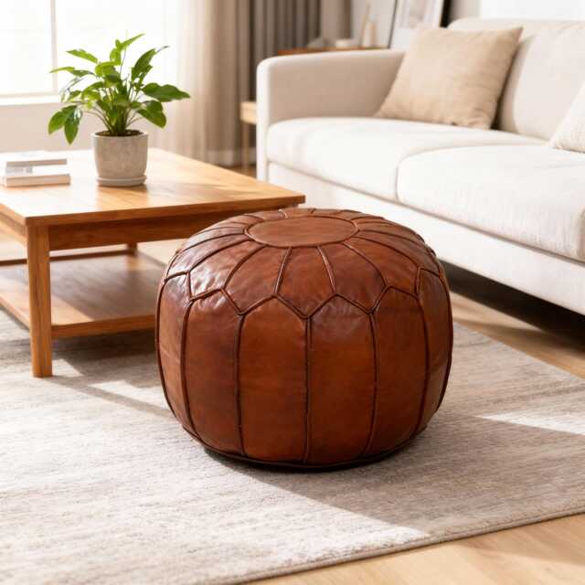Next Day Delivery Prefilled Moroccan Leather Pouf Ottoman Handmade Brown Boho Floor Cushion - Next Day Delivery - image 1