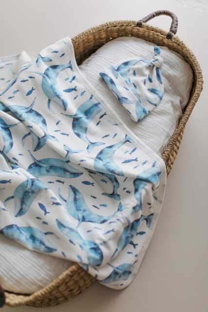 Ocean Whale Organic Newborn Set - Cotton Baby Blanket With Matching Hat, Soft & Warm, Ideal Gift, 0-6 Months - image 1