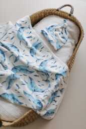 Ocean Whale Organic Newborn Set - Cotton Baby Blanket With Matching Hat, Soft & Warm, Ideal Gift, 0-6 Months - thumbnail 1