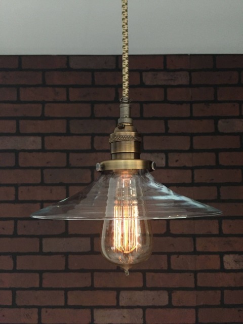 "Industrial Pendant Light -Antique Brass 8"" Flat Clear Glass Shade with Patented ""Huila Connectors" - image 1