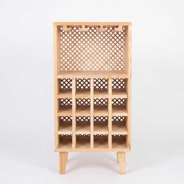 Wine Rack With Lattice Backrest & Glass Hanger, Handmade From Solid Pinewood - Wick - image 1