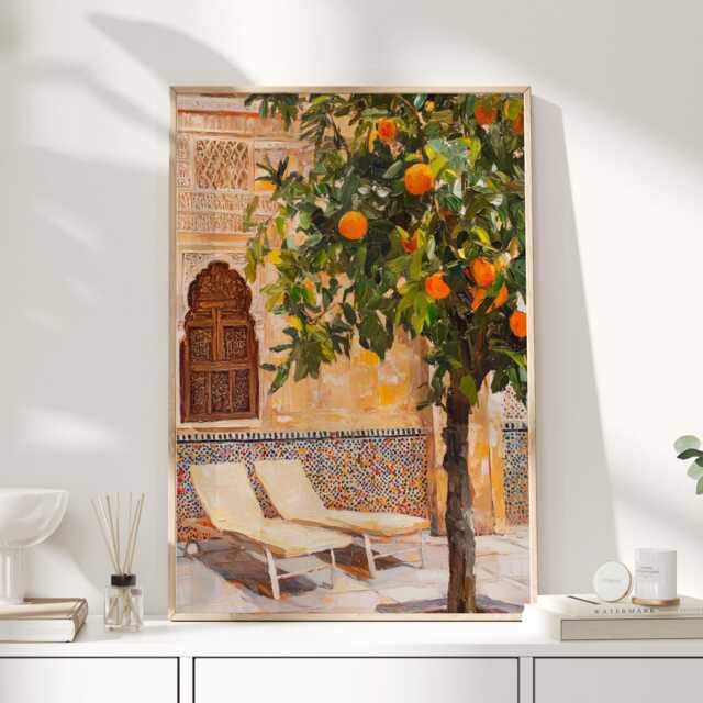 Mediterranean Courtyard Print - Orange Tree Wall Art Spanish Garden Painting Tuscan Kitchen Decor Warm Summer Artwork - image 1