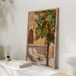Mediterranean Courtyard Print - Orange Tree Wall Art Spanish Garden Painting Tuscan Kitchen Decor Warm Summer Artwork - thumbnail 2