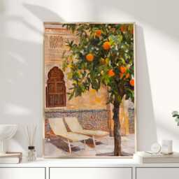 Mediterranean Courtyard Print - Orange Tree Wall Art Spanish Garden Painting Tuscan Kitchen Decor Warm Summer Artwork - thumbnail 1