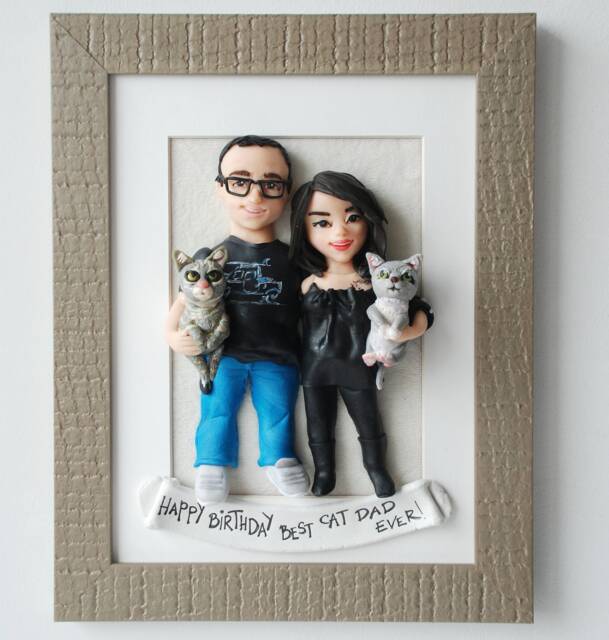 Personalized Couple Portrait With Cats, Handmade Clay Sculpture From Photo, Custom Family - image 1