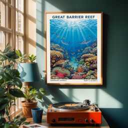 Great Barrier Reef Gouache Painting - Blue, Orange, Yellow, Green & Red Marine Art - Ocean Scene For Living Room, Bedroom, Office Decor - thumbnail 2