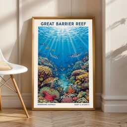 Great Barrier Reef Gouache Painting - Blue, Orange, Yellow, Green & Red Marine Art - Ocean Scene For Living Room, Bedroom, Office Decor - thumbnail 1