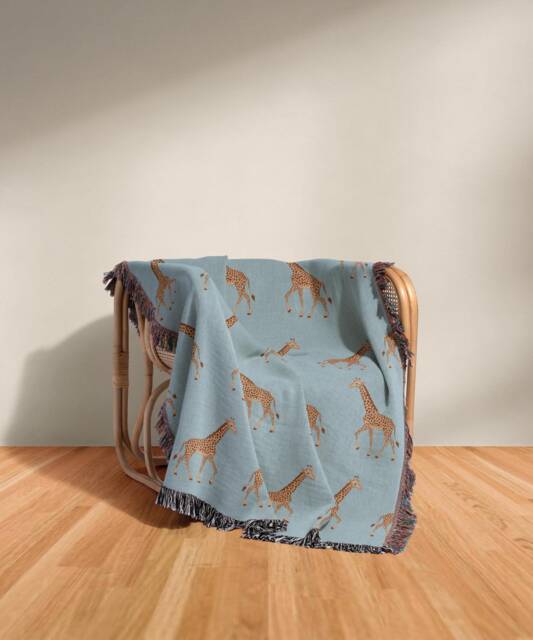 Cotton Woven Blanket, Giraffe Parade, Classic On Baby Blue, Safari Animals, Kids Room, Nursery Decor, Animal Print Throw - image 1