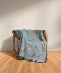 Cotton Woven Blanket, Giraffe Parade, Classic On Baby Blue, Safari Animals, Kids Room, Nursery Decor, Animal Print Throw - thumbnail 1