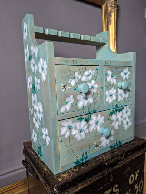 Antique/Vintage Hardwood Cabinet ~ Hand Painted Bees & White Anemones - image 1