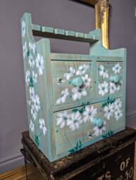 Antique/Vintage Hardwood Cabinet ~ Hand Painted Bees & White Anemones - thumbnail 1