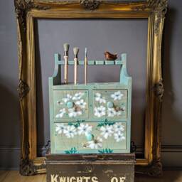 Antique/Vintage Hardwood Cabinet ~ Hand Painted Bees & White Anemones - thumbnail 2