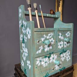 Antique/Vintage Hardwood Cabinet ~ Hand Painted Bees & White Anemones - thumbnail 3