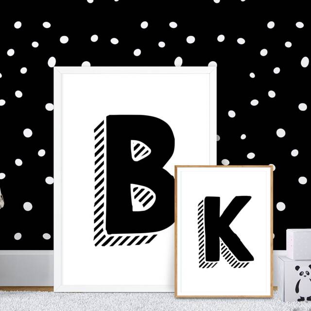 Monochrome Initial Print, Black & White, Comic Print Nursery Bedroom Playroom, Kids Children Wall Art, Personalised Letter Decor 241 - image 1