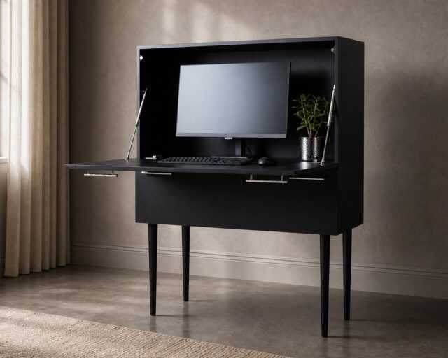 Dual-Opening Secretary Desk in Black & Chrome - Mid Century Inspired Pull-Down Workstation With Storage, Obsidian - image 1
