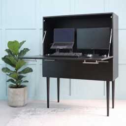 Dual-Opening Secretary Desk in Black & Chrome - Mid Century Inspired Pull-Down Workstation With Storage, Obsidian - thumbnail 2