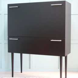Dual-Opening Secretary Desk in Black & Chrome - Mid Century Inspired Pull-Down Workstation With Storage, Obsidian - thumbnail 3