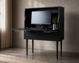 Dual-Opening Secretary Desk in Black & Chrome - Mid Century Inspired Pull-Down Workstation With Storage, Obsidian