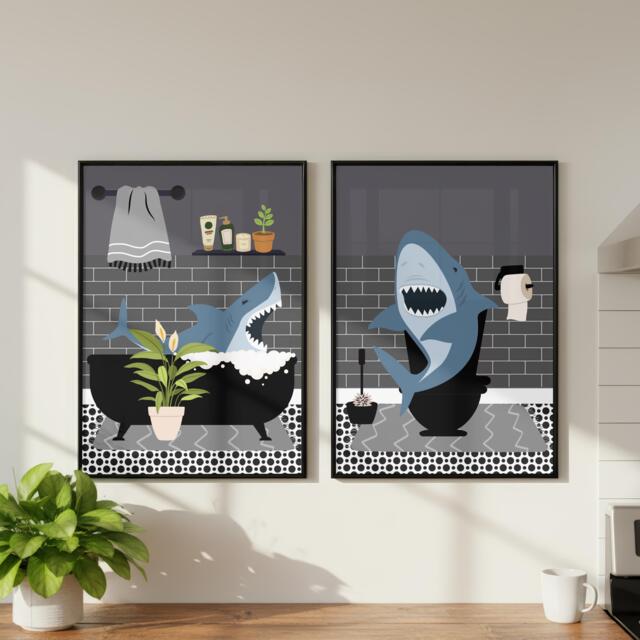 Shark Bathroom Prints, Bath & Toilet Art, Set Of Two Grey Prints - image 1